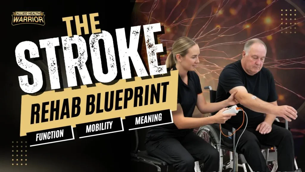 Stroke rehabilitation session with therapist assisting patient arm movement and rehab blueprint concept