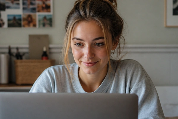 Smiling woman in a grey sweatshirt looking at her laptop, with photos pinned to the wall behind her