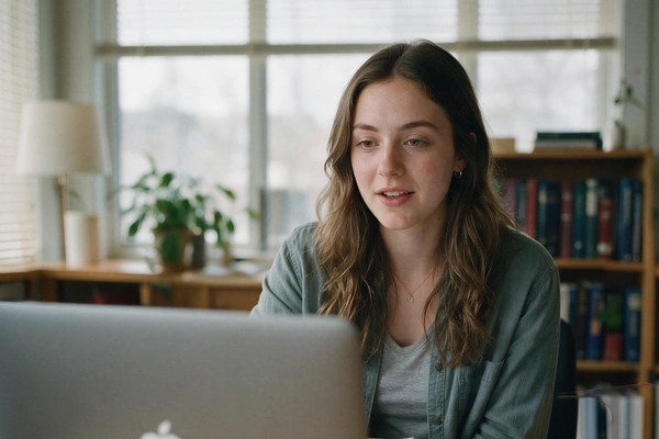 Young woman speaking on a video call at her laptop in a bright room with a window, lamp and bookshelves