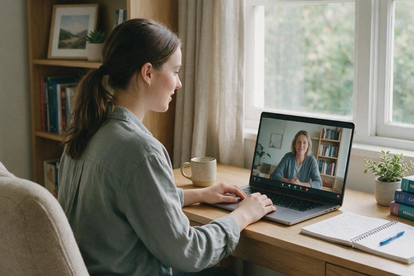 Young woman smiling during a video call with an older colleague, at a sunny desk by the window with a mug and notebook