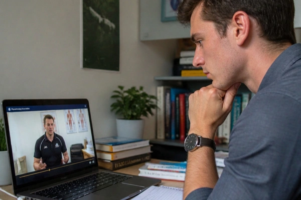 Young man watching a recorded physiotherapy presentation on his laptop, hand on chin, at a desk stacked with textbooks