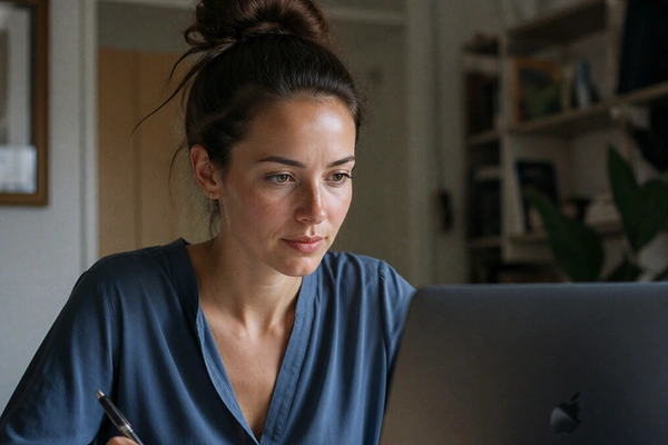 Woman with her hair in a bun concentrating on her laptop at home, pen in hand ready to take notes