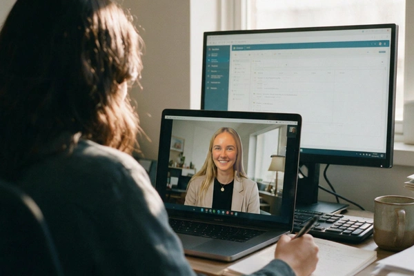 Clinician taking notes during a one-on-one video call with a smiling mentor on her laptop screen