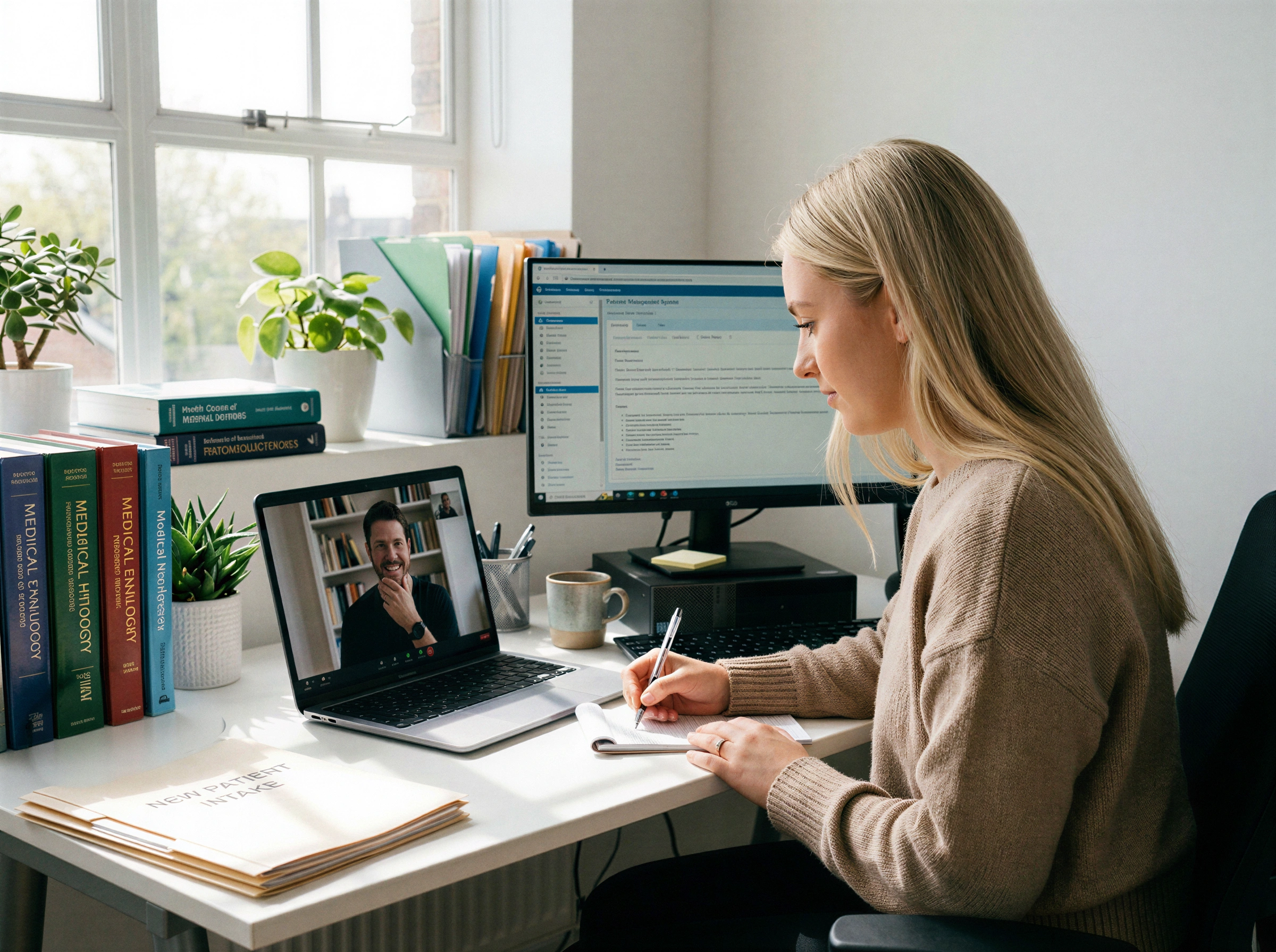 Woman taking notes during a video call with a smiling man, at a bright desk with textbooks and a second monitor