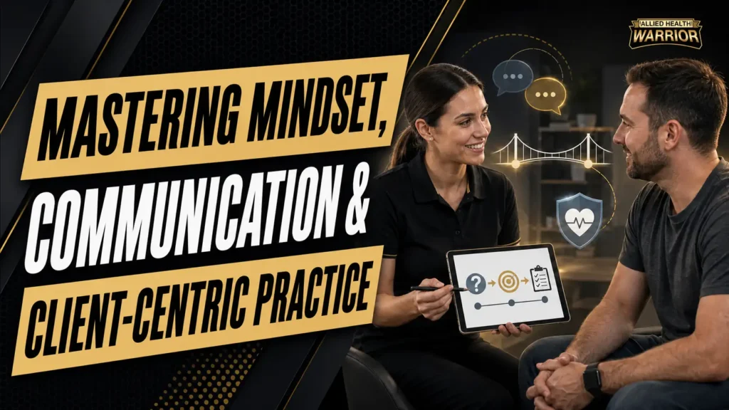 Mastering Mindset, Communication and Client-Centric Practice course thumbnail showing an allied health clinician developing a collaborative treatment plan with a client.
