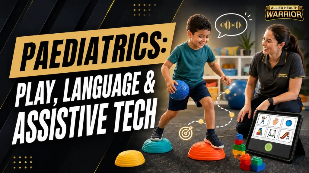 Paediatrics course thumbnail showing play-based therapy, language development and assistive technology with a child and allied health clinician.