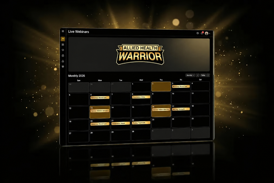 Allied Health Warrior live webinar calendar on a screen, showing a month of scheduled professional development sessions
