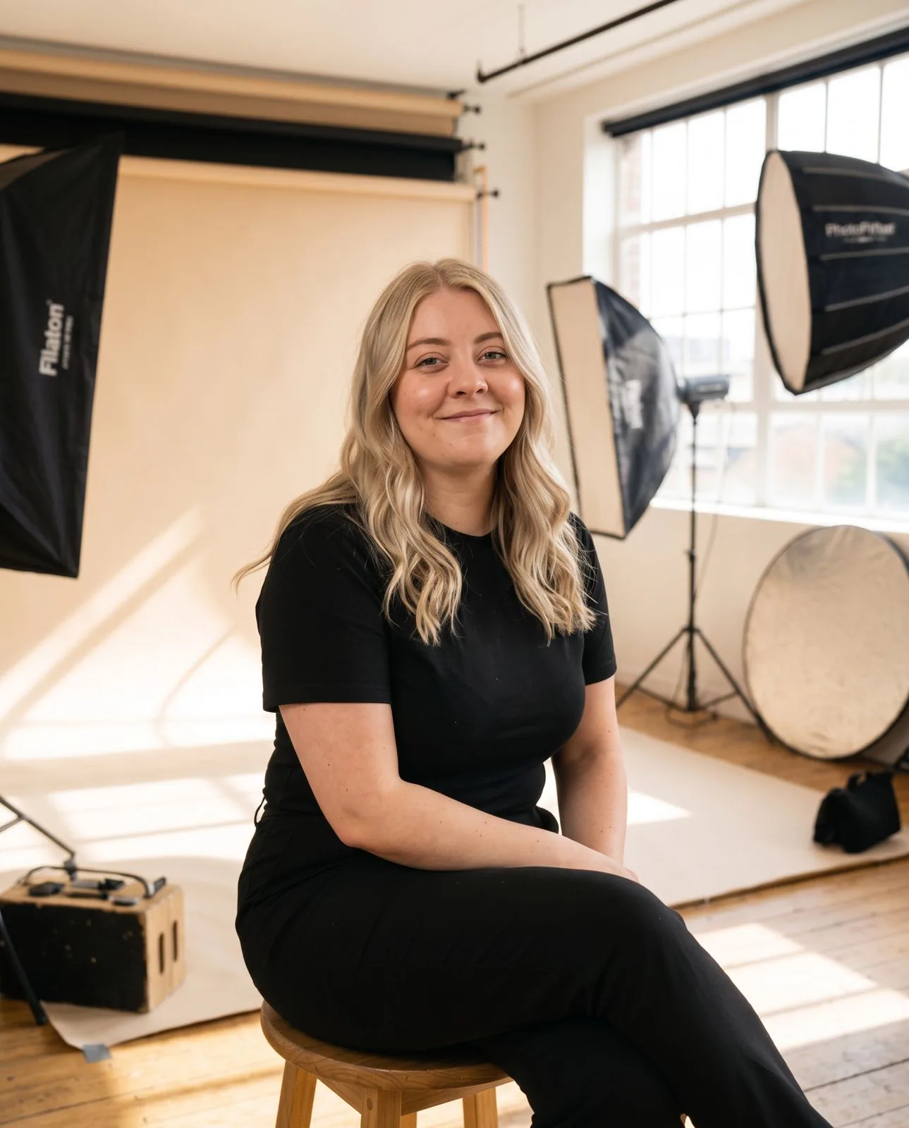 Seated studio portrait of an Allied Health Warrior mentor wearing black, photographed in a bright professional studio.