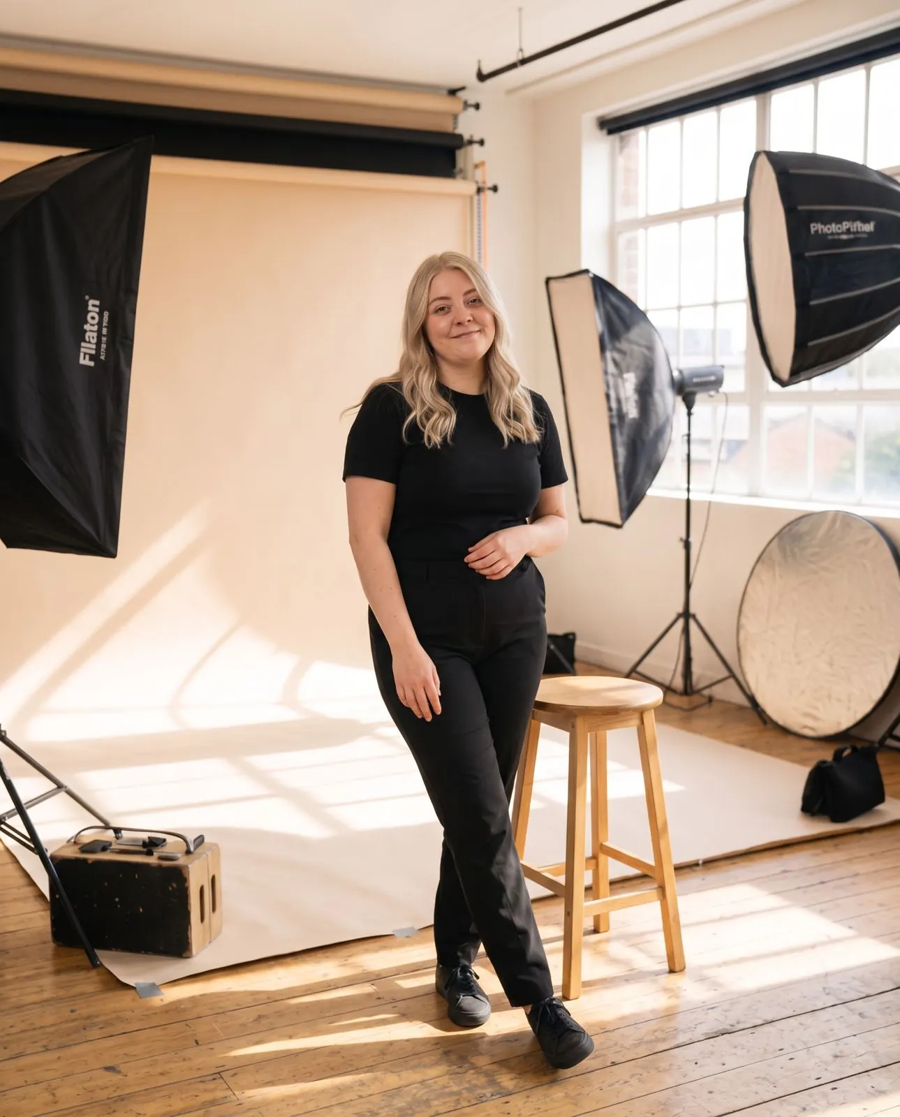Full-length studio portrait of an Allied Health Warrior mentor wearing black beside a wooden stool and photography lights.