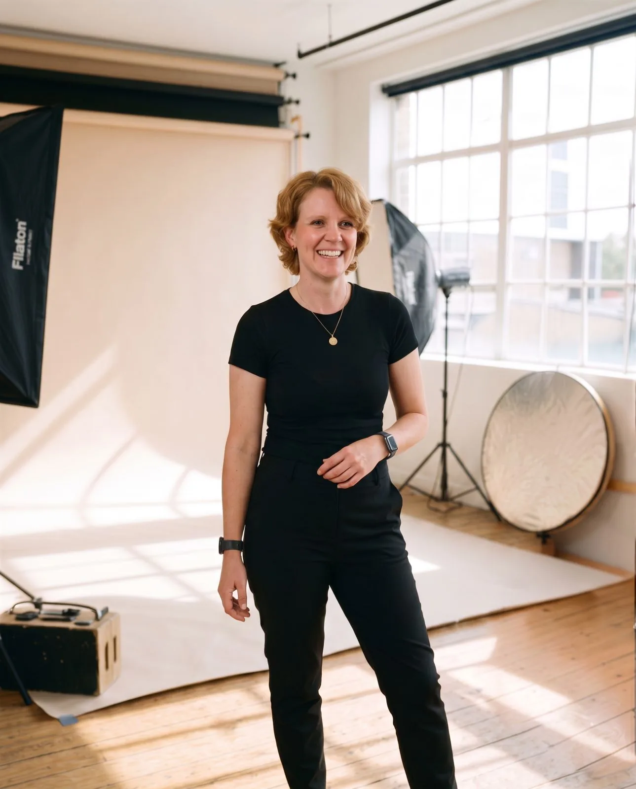 Standing studio portrait of an Allied Health Warrior mentor smiling in black attire, photographed in a bright professional studio.