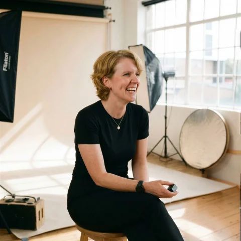 Seated studio portrait of an Allied Health Warrior mentor smiling in a bright photography studio with a neutral backdrop.
